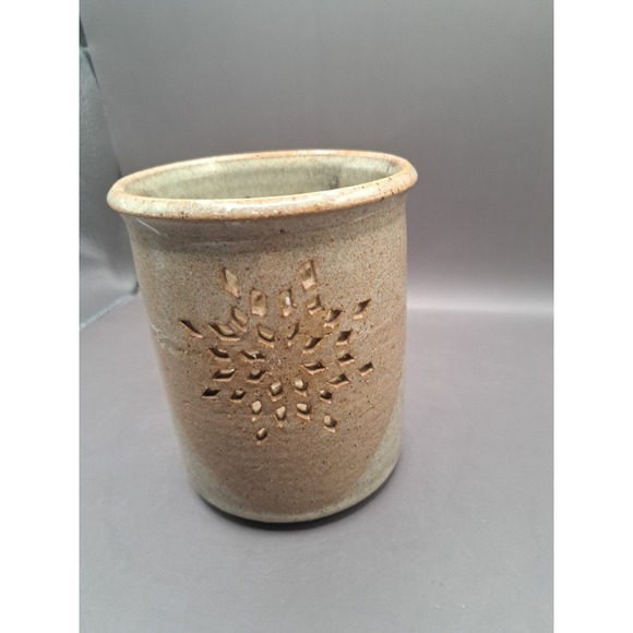 Art Pottery Brown Glazed Snowflake Candle Holder Artist Signed - Picture 2 of 16